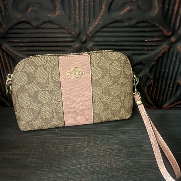 Coach Handbags - Coach Signature Canvas Wristlet in Pink and Brown with Long Strap